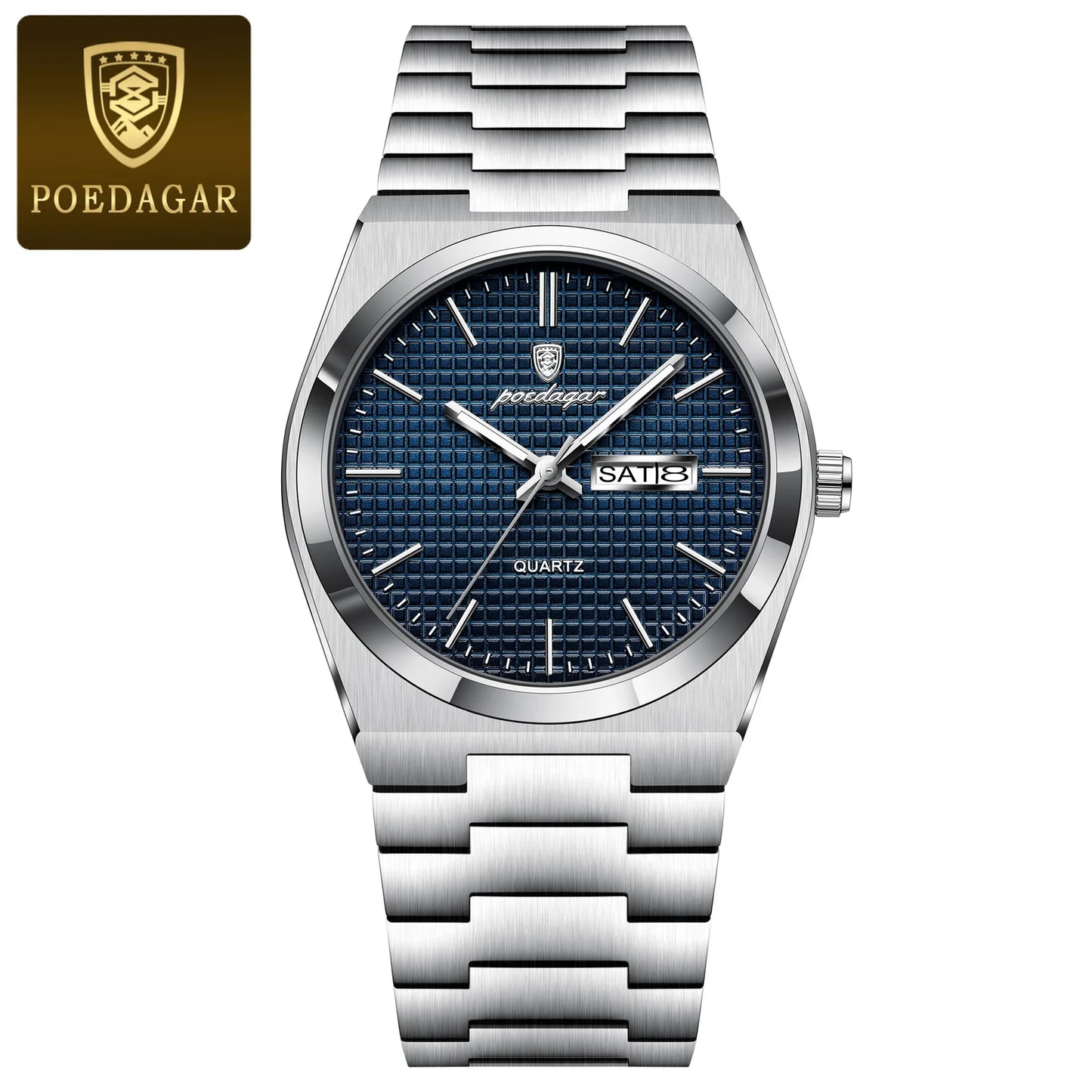 Poedagar Gents Watch – Stainless Steel, Day & Date Display, Water-Resistant, Luminous Hands