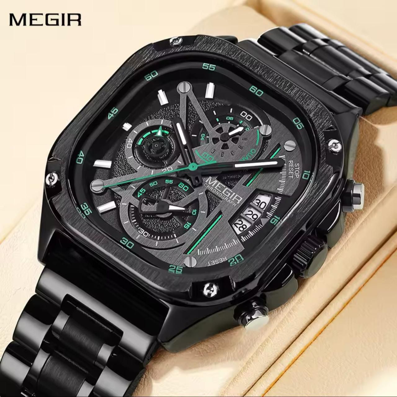 MEGIR Chronograph Men's Square Dial Watch β Black Steel Edition