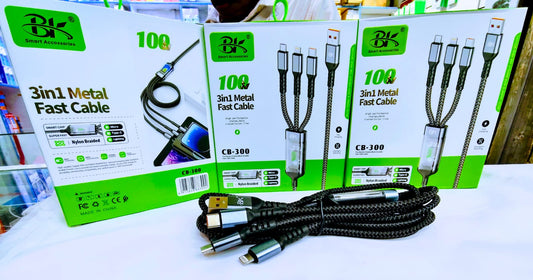 3-in-1 metal fast cable with packaging on a white surface