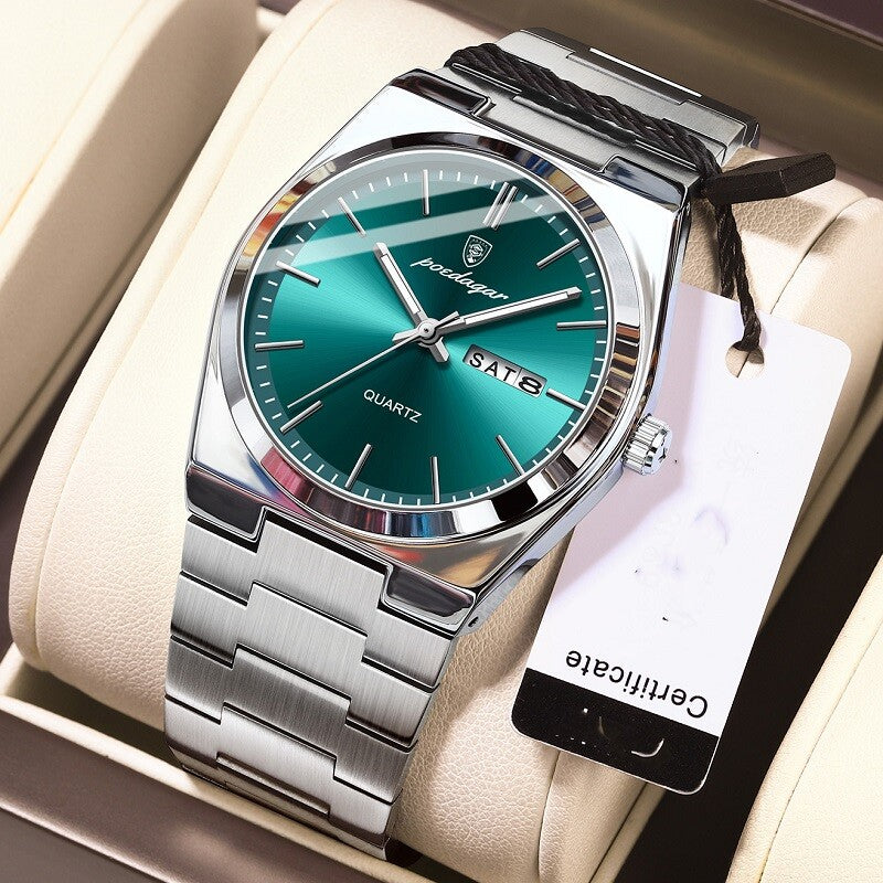 Poedagar Gents Watch – Stainless Steel, Day & Date Display, Water-Resistant, Luminous Hands