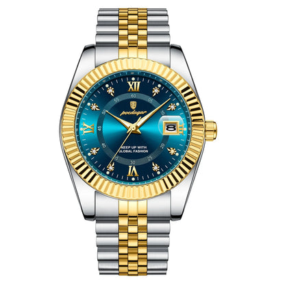 Poedagar Gents Watch – Stainless Steel, Day & Date Display, Water-Resistant, Luminous Hands