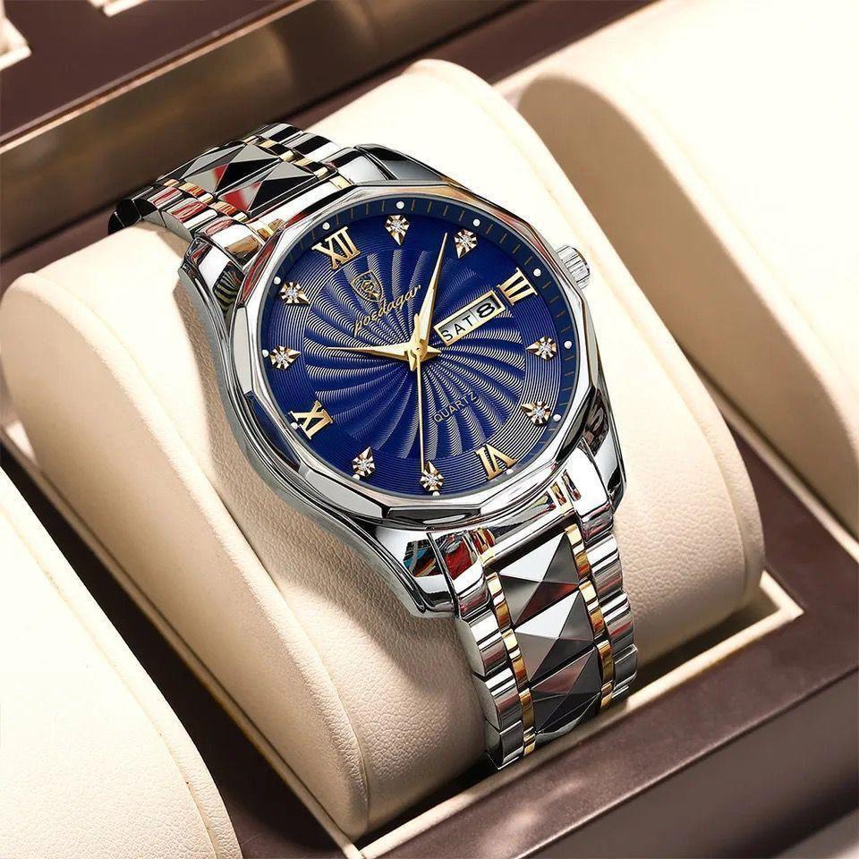 Poedagar Gents Watch – Stainless Steel, Day & Date Display, Water-Resistant, Luminous Hands